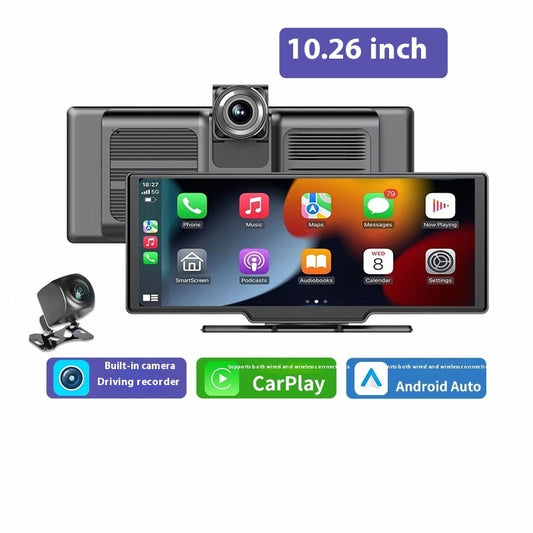 Car dashboard camera system with 10.26 inch display, built-in camera, and connectivity options on a white background.